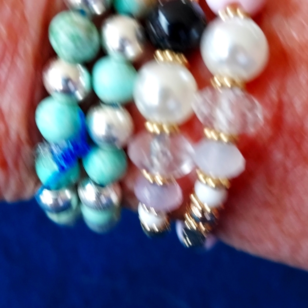 Stacked stretchy bracelets. Real turquoise and sterling silver.